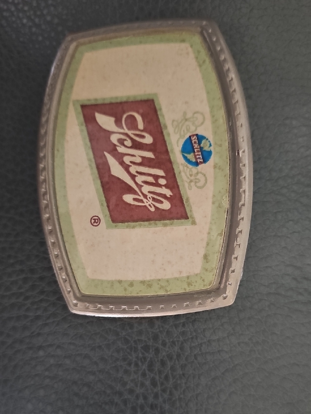 Schlitz Vintage Belt Buckle - Cream and Green